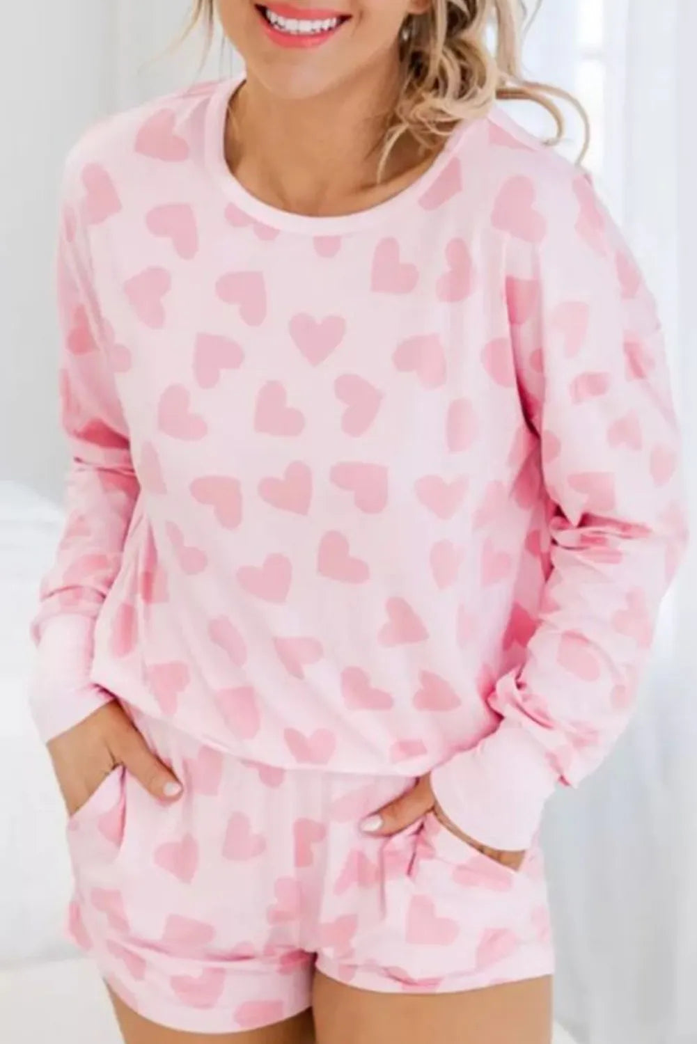 Pink Heart Shape Print Long Sleeve Top Shorts Lounge Set